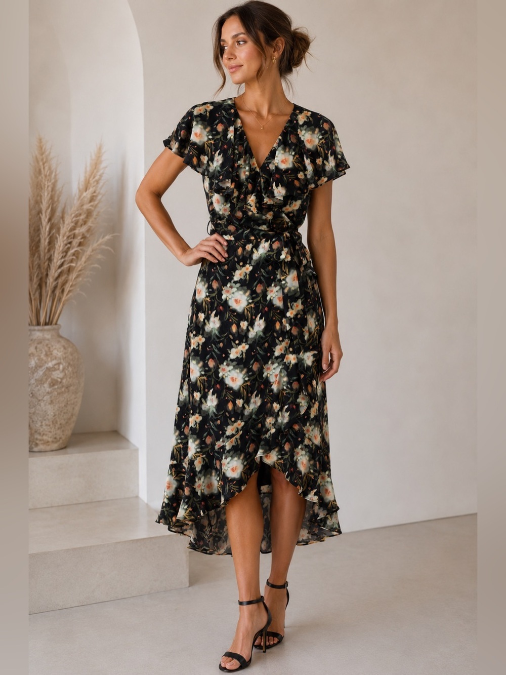 Chelsea28 • NWOT $135 USDBlack Floral High-Low Wrap Dress no belt PTP 16-18”